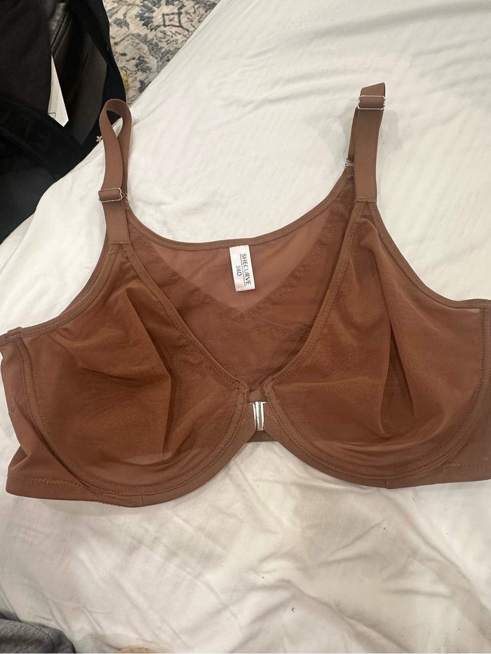 SHECURVE 38D Brown Front Closure Underwire Bra X-Back Smoothing Mesh